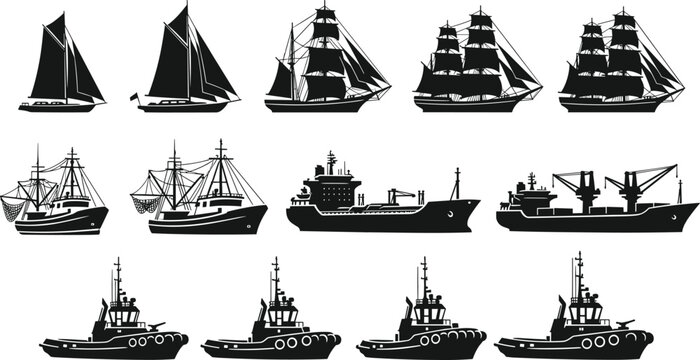 Various boat and ship silhouettes. A comprehensive set of different types of vessels, including sailboats, fishing boats, and tugboats - Powered by Adobe