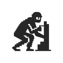 Pixelated masked figure interacts with machinery in stylized black silhouette on a white background