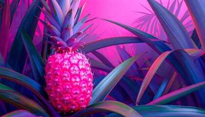 Vibrant pink pineapple amidst neon leaves
