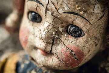 Close-up of a broken antique doll face with cracked paint and dark eyes