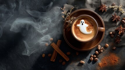 A steaming cup of coffee with latte art in the shape of a ghost, surrounded by autumn spices and cinnamon sticks, conceptual still life
