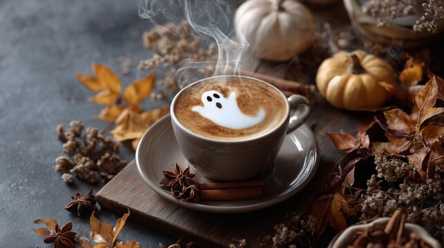A steaming cup of coffee with latte art in the shape of a ghost, surrounded by autumn spices and cinnamon sticks, conceptual still life
