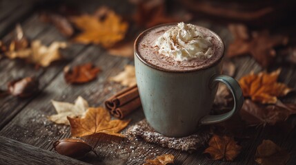 Cup of hot chocolate topped with whipped cream and cinnamon, surrounded by fallen autumn leaves on a wooden table, warm cozy vibe
