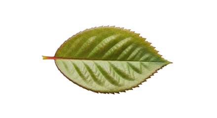 Organic Green Leaf with Red Midrib and Serrated Edges Isolated on Black