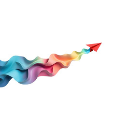 A vibrant, colorful, abstract design showcases a red paper airplane soaring through a trail of rainbow-hued flowing ribbons against a stark black background.
