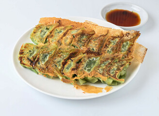 Crispy Fried Green Dumplings with ketchup in plate side view of japanese food