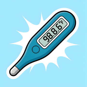 A cartoon style illustration of a blue digital thermometer displaying a temperature reading of ninety eight point six