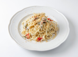 Spaghetti with Whitebait and Toasted Breadcrumbs in plate side view of japanese food