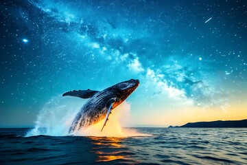 Fototapeta premium Majestic Humpback Whale Breaching at Sunset, Dramatic Starry Night Sky, Ocean Spray, Vibrant Colors, Breathtaking Wildlife Scene, Serene and Powerful Mood, High-Resolution Stock Image.