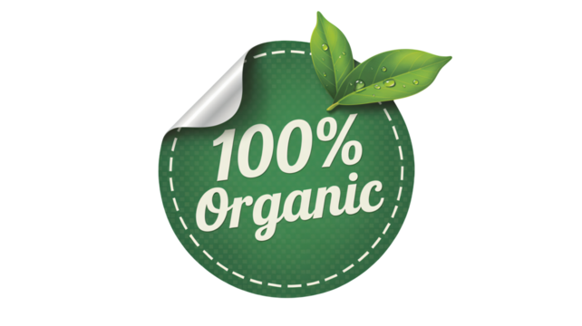 Trustworthy 100% Organic label with fresh green leaves and water drops