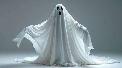 professional photo of a spooky ghost figure formed from a flowing white sheet fabric with subtle folds and creases, floating slightly above a pristine white surface that stretches out to the edges.