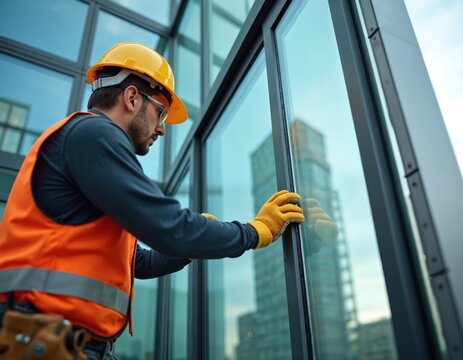 Glazier installs large glass panel on modern building. Precision, safety are key. Worker wears hard hat, vest. Suction cups grip glass. Focus on construction, architecture, urban development.