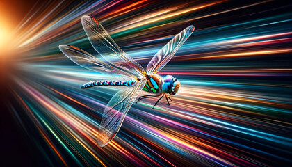 Futuristic dragonfly flying through glowing motion trails, symbolizing speed, technology, and precision. Sci-fi design, tech branding, digital art, wallpapers, or innovation-themed creative projects.