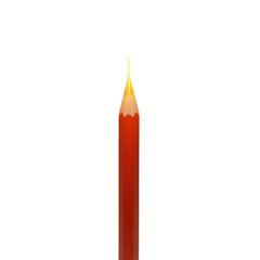 A vertically positioned, single red colored pencil, sharply pointed, with a bright yellow tip, against a pure black background, highlighting its simple, focused form.