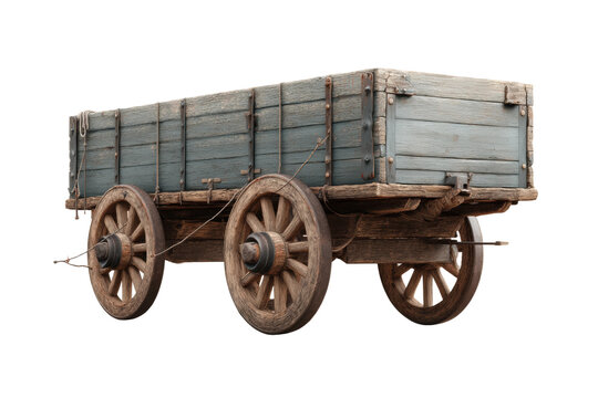 Vintage wooden wagon with rustic weathered wheels and blue panels, cut out