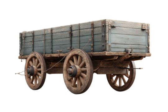 Vintage wooden wagon with rustic weathered wheels and blue panels, cut out - Powered by Adobe