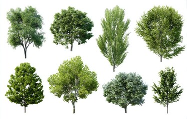 Nine diverse treetops, isolated on white.  Various shapes and densities of foliage, displaying a range of textures and sizes.  Perfect for design use
