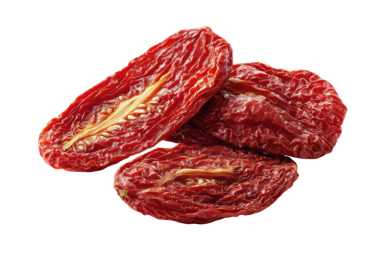 Close-up of three sun-dried tomatoes against a black background, cut out