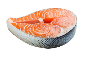 Raw salmon steak slice isolated on transparent or white background, perfect for seafood, gourmet cooking, healthy diet, culinary design, and recipe projects.