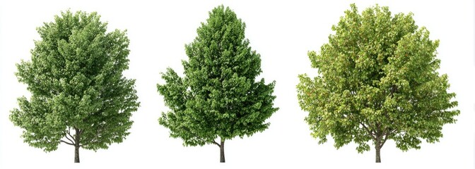 Three trees with varying shades of green foliage