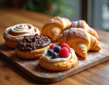 Assorted pastries including croissants, cinnamon rolls, fruit-topped tarts. Delicious breakfast dessert assortment features sweet baked goods presented on wooden board, perfect for cafe menus food