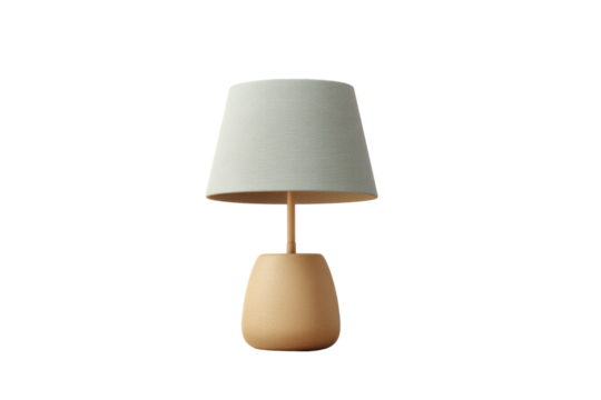 Minimalist beige table lamp with textured shade isolated on black background, cut out