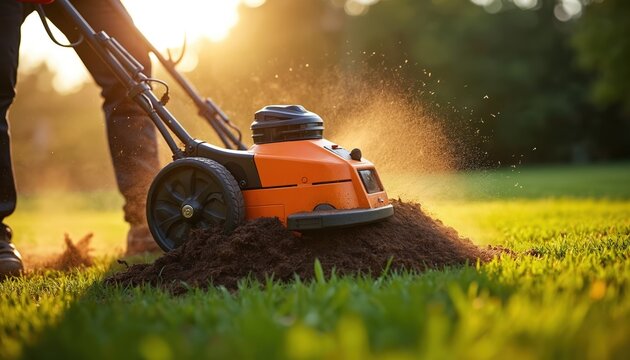 Orange electric dethatcher machine works on green lawn removing thatch. Gardener operates tool in sunlight, creating airborne soil particles. Yard care equipment for lawn maintenance, healthy grass