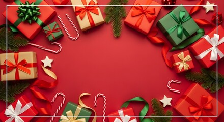 Festive overhead shot of colorful wrapped presents and decorations arranged on a vibrant red background.
