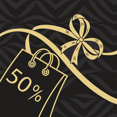 Elegant 50% Off Sale Illustration with Black Shopping Bag and Gold Ribbon
