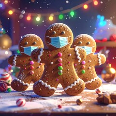 Festive gingerbread men wearing masks in a snowy scene