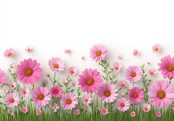 Fototapeta premium Pink paper flowers in a field, horizontal border