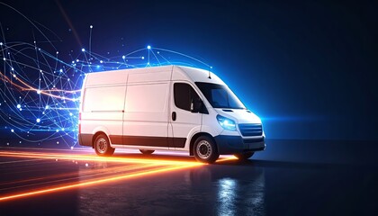 Futuristic Delivery Van with Network Connections, Digital Transformation Concept