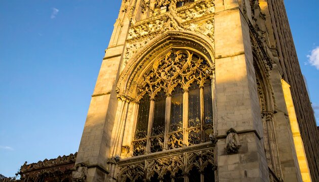 Ornate stone window of a tall old building against a clear blue sky, sunlight - Powered by Adobe