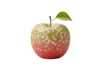 Abstract mosaic apple with leaf on black background, cut out
