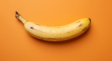 Bright Yellow Banana On Orange Background With Water Droplets For Fresh Fruit Theme