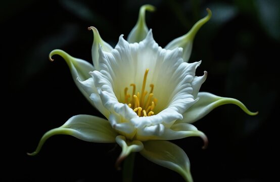 Dutchmans pipe flower blooms at night. Queen of the night, Epiphyllum oxy scientific name. Delicate white petals, yellow stamen detailed close-up. Dark background accentuates bloom.