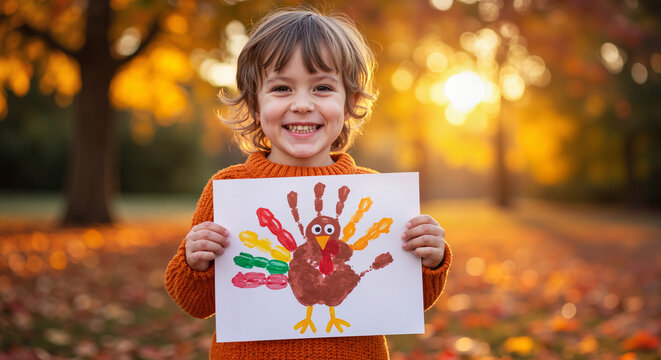 Child holding a Thanksgiving turkey handprint art in a fall park setting