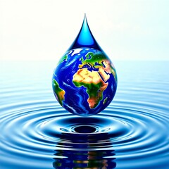 Obraz premium A single drop of water with the Earth inside creating ripples on a blue surface, symbolizing the importance of water conservation and its impact on our planet