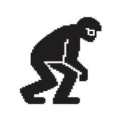 Pixelated primate figure bends forward, exhibiting retro pixel art style, creating vintage aesthetic