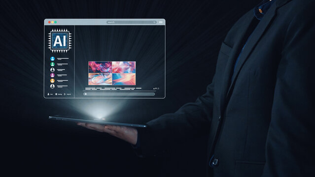 AI platform generating art images with dynamic interface. AI-generated content appears in image gallery artificial intelligence view. Genrative AI loading multiple image from AI design engine. Elide