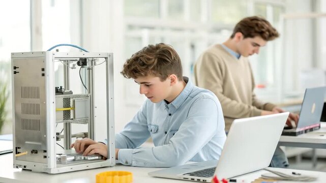 Teenagers working with a d printer and laptops in a bright room during a science project activity