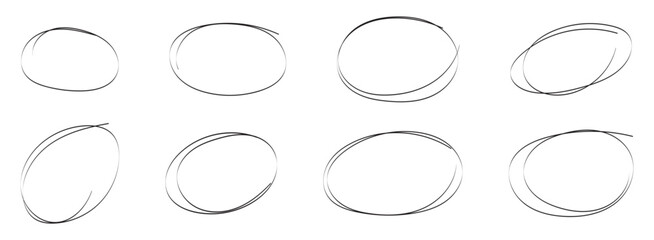 Hand drawn circle highlighter line sketch set. Vector marker circular lines, doodle round circles for message note mark design element. Pencil or pen bubble sketch