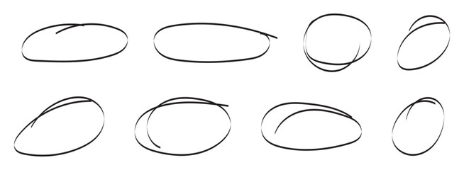  hand drawn red circles and ovals highlighter line strokes sketch set. hand drawn brush stroke for highlighting mistake. circle editing highlight hand drawn. exam element. vector and transparent png © RadheK 