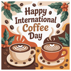 Minimalist solid color vector illustration of coffee plants, coffee sack with beans, espresso cups, and steaming coffee mugs ideal for International Coffee Day, coffee culture, and beverage packaging.
