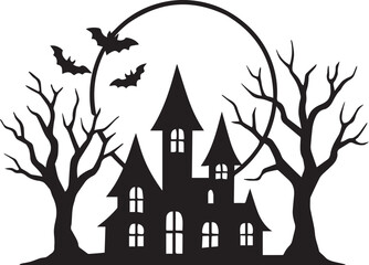 "Haunted House Silhouette with Bats, Full Moon and Creepy Trees – Halloween Horror Scene"