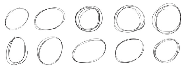 Set of drawn oval red circles in different shapes. Hand drawn circular scribble doodle round circles for message and for note mark. Marker ellipses frames in sketch style. Vector illustration. EPS 10