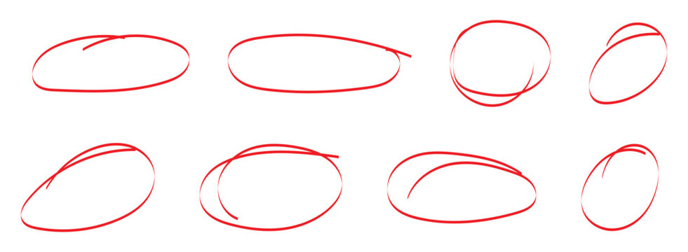
hand drawn red circles and ovals highlighter line strokes sketch set. hand drawn brush stroke for highlighting mistake. circle editing highlight hand drawn. exam element. vector and transparent png