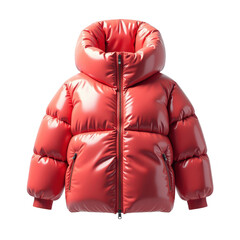 A vibrant, glossy, coral-hued puffer jacket stands out against a stark black backdrop.