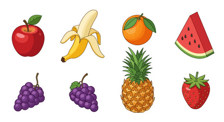 Collection of cartoon fruits: apple, banana, orange, watermelon, pineapple, grapes, strawberry.