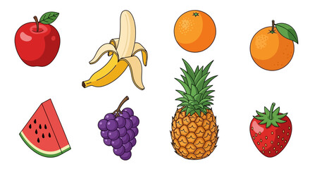 Collection of vibrant fruits illustrations, including apple, banana, oranges, pineapple, grapes, watermelon, and strawberry.